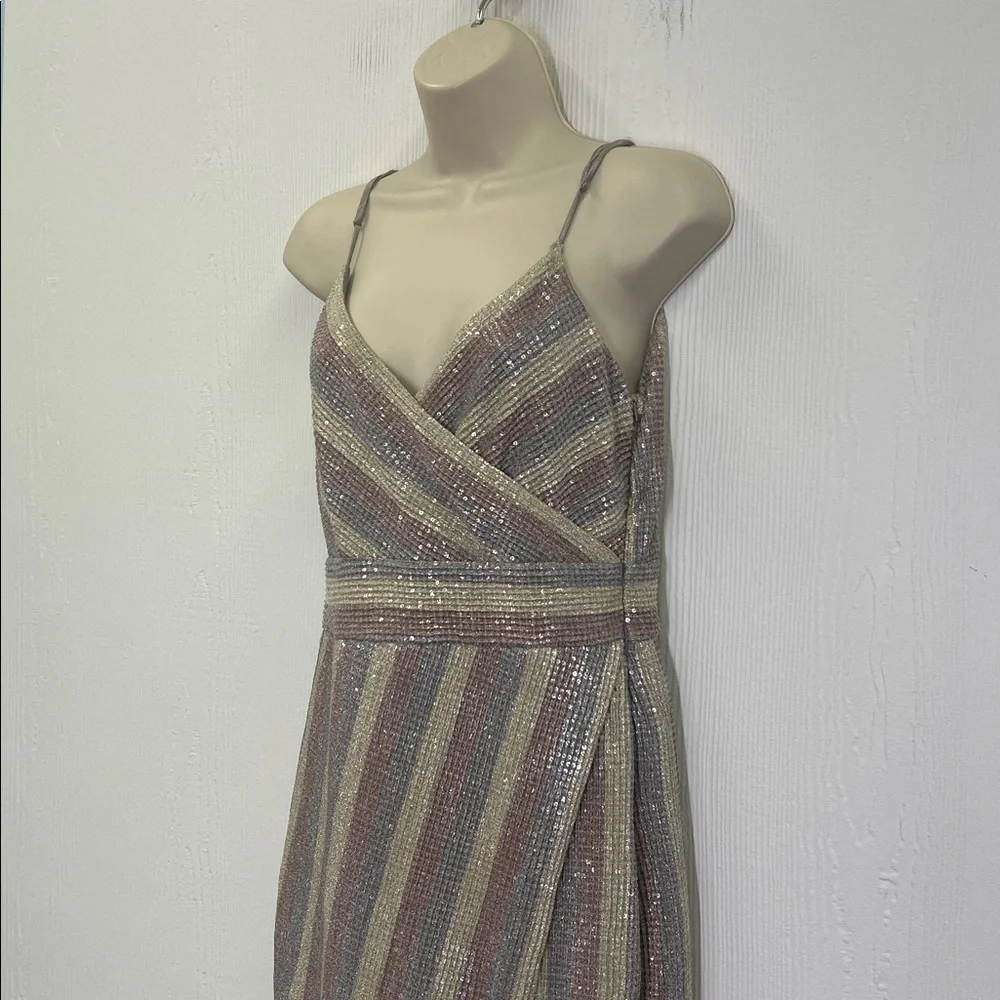 Saylor - Meghan Multi Colored Sequin Stripped Faux Wrap Midi Dress Size Small